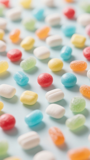 俯视角超写实干净风格，铺满各种简洁形状的糖果，以清新的浅色系为主，红、黄、蓝、绿、橙等色彩柔和过渡，糖果表面仅有细微的纯净质感，均匀的柔和光线营造通透氛围，每颗糖果清晰且诱人。预览效果