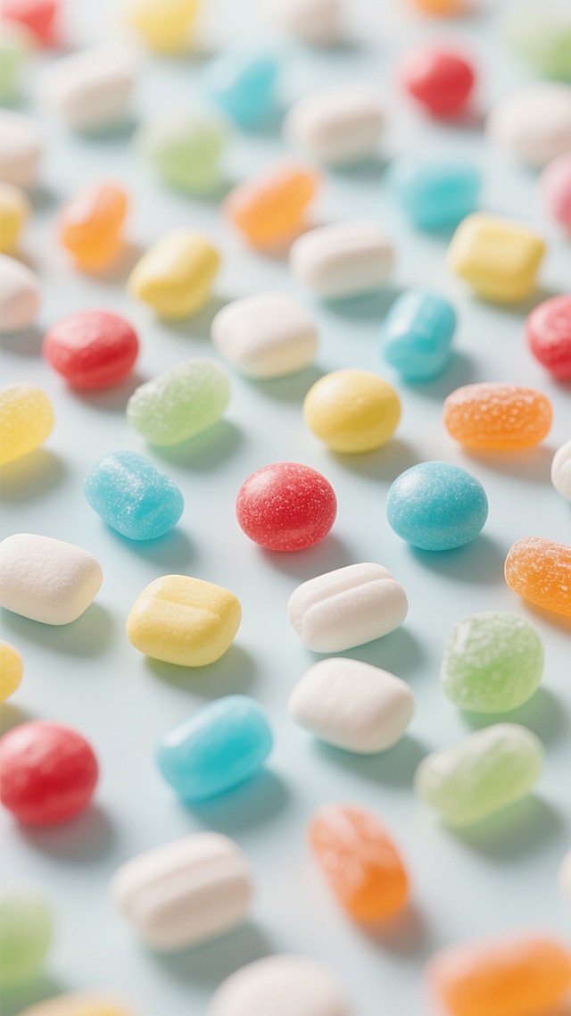 俯视角超写实干净风格，铺满各种简洁形状的糖果，以清新的浅色系为主，红、黄、蓝、绿、橙等色彩柔和过渡，糖果表面仅有细微的纯净质感，均匀的柔和光线营造通透氛围，每颗糖果清晰且诱人。