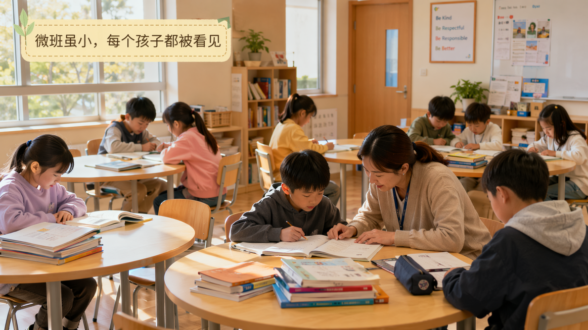 A bright warm small classroom scene with 8-10 students sitting around round tables. Teacher crouchin预览效果