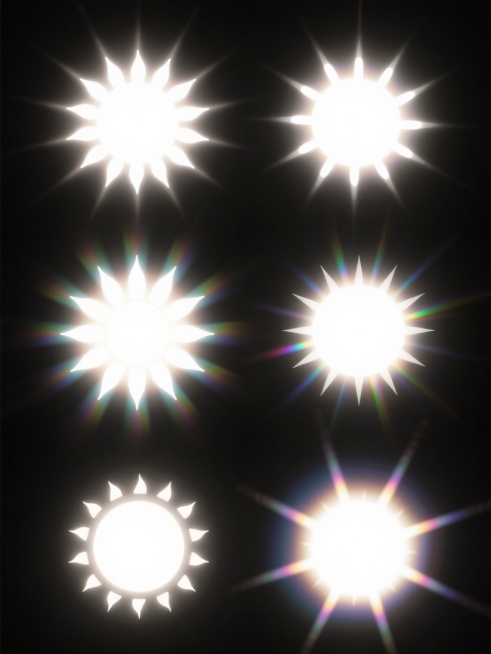 黑色背景上，排列整齐的6个不同样式、不同风格的太阳光。每个太阳光都具有明亮的白色核心，向外散发着柔和的光芒，带有明显的光晕效果和微妙的色彩渐变，部分太阳光边缘有淡淡的彩虹色晕染，整体呈现出轻盈、通透、梦幻的视觉效果，光影过渡自然平滑，光线质感柔和且富有层次感。预览效果