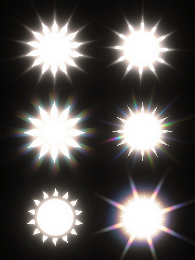 黑色背景上，排列整齐的6个不同样式、不同风格的太阳光。每个太阳光都具有明亮的白色核心，向外散发着柔和的光芒，带有明显的光晕效果和微妙的色彩渐变，部分太阳光边缘有淡淡的彩虹色晕染，整体呈现出轻盈、通透、梦幻的视觉效果，光影过渡自然平滑，光线质感柔和且富有层次感。