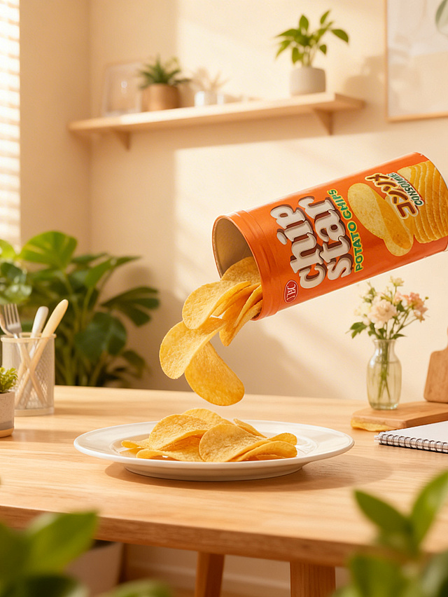 3D风重拟物设计，实景感厨房场景，清新自然色调，薯片倾泻而下，营造温馨舒适与趣味感，印刷风包装细节精致。