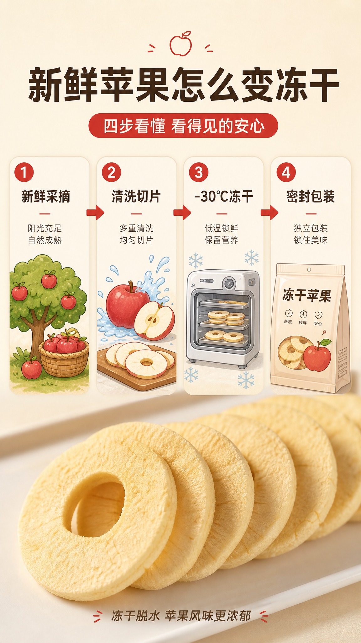使用图一的冻干苹果片实物，制作一张9:16竖版高级食品摄影风详… - 图片创意预览