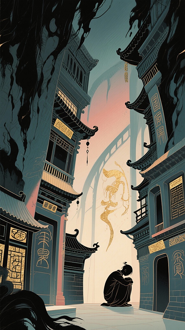 国潮风插画，中式古建筑剪影交织，鎏金符文悬空，水墨晕染夜色，一人静坐巷口，神秘沉郁中透出故事感。