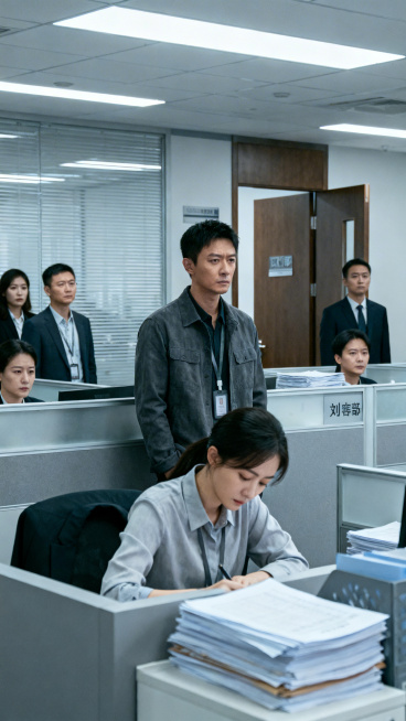 现代传媒公司办公室场景，前台女客服李可穿着衬衫低头写东西，男员工刘欣站在前台前，办公室里其他同事在工位，策划部经理办公室虚掩着门，写实职场风格，办公室氛围紧张压抑预览效果