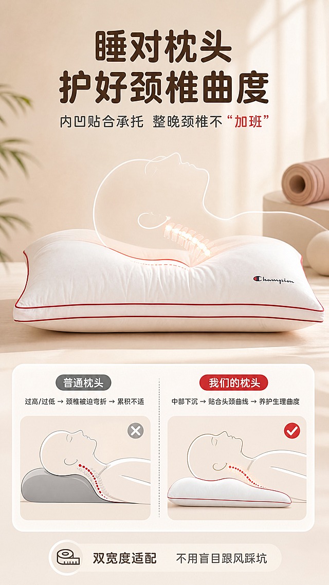 [商品] 使用【图1】Champion全棉三防枕头；保留白色枕身、红色滚边、Champion Logo；侧视角度展示内凹承托效果，自然理顺褶皱。
[画面] 目标：人群2-2——颈椎曲度养护，体态管理人群。构图：竖版9:16，产品侧视居中偏下，占画面45%；枕头上方叠加半透明人体颈椎侧影示意图，清晰展示颈椎自然曲度与枕头内凹区完美贴合，没有悬空或过度弯折；左右两侧对比：左侧"普通枕→颈椎弯折变形"，右侧"我们的枕→颈椎自然平直"；背景是极简暖白，有体态管理/瑜伽垫元素点缀。
[视觉] 套系策略：风格=温馨治愈家居商业摄影风；标题字=现代圆润粗黑体；正文字=简洁无衬线体；主色=奶白+暖杏粉；背景延展=暖白渐变+极简家居元素；强调色=正红色，用于正确曲度标注和重点文字；标题色=深暖棕；正文色=中暖灰；组件=颈椎侧影示意图、对比箭头、圆角科普卡；光影=侧前暖柔光，突出结构线条。
[文字] 顶部主标题：睡对枕头 护好颈椎曲度；副标题：内凹贴合承托 整晚颈椎不"加班"；科普文案：普通枕头：过高/过低→颈椎被迫弯折→累积不适；我们的枕头：中部下沉→贴合头颈曲线→养护生理曲度；底部小字：双宽度适配 不用盲目跟风踩坑；文字全部横向排版，科普清晰。
[规格] 图片比例9:16竖版，4K分辨率；避免颈椎示意图失真、产品变形、冷色调、文字过小、医疗化夸大表述。
