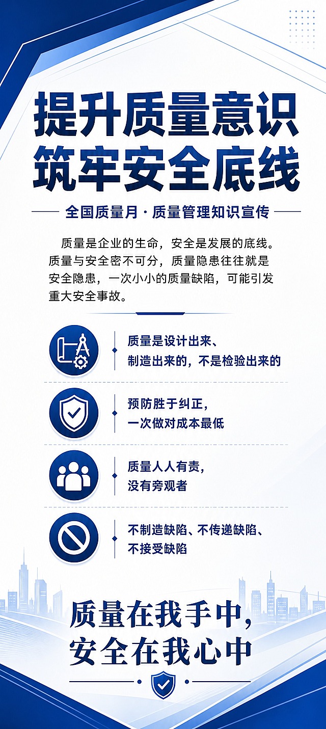 全国质量月质量管理知识宣传三折页第1页（思想认识），竖版构图，商务蓝白风格，深蓝主色调配白色背景，专业严谨大气。顶部大标题加粗："提升质量意识 筑牢安全底线"，副标题："全国质量月·质量管理知识宣传"。中间正文两段式："质量是企业的生命，安全是发展的底线。质量与安全密不可分，质量隐患往往就是安全隐患，一次小小的质量缺陷，可能引发重大安全事故。" 中部四个要点用图标+短句竖向排列：1."质量是设计出来、制造出来的，不是检验出来的" 2."预防胜于纠正，一次做对成本最低" 3."质量人人有责，没有旁观者" 4."不制造缺陷、不传递缺陷、不接受缺陷"。底部居中放大口号："质量在我手中，安全在我心中"。版式精美，排版规整，有几何线条装饰元素，企业宣传折页风格，竖版长构图