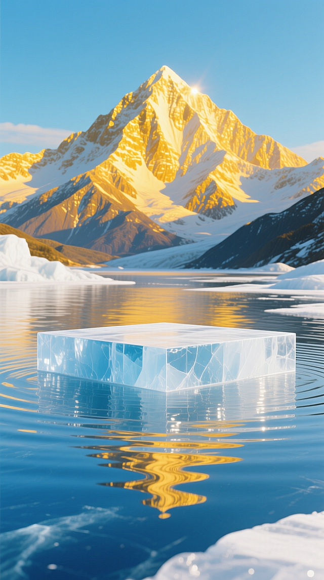 3D风格的虚拟自然场景，玻璃质感冰块漂浮于湖面，折射金色雪山光影，清透静谧，唯美感十足。