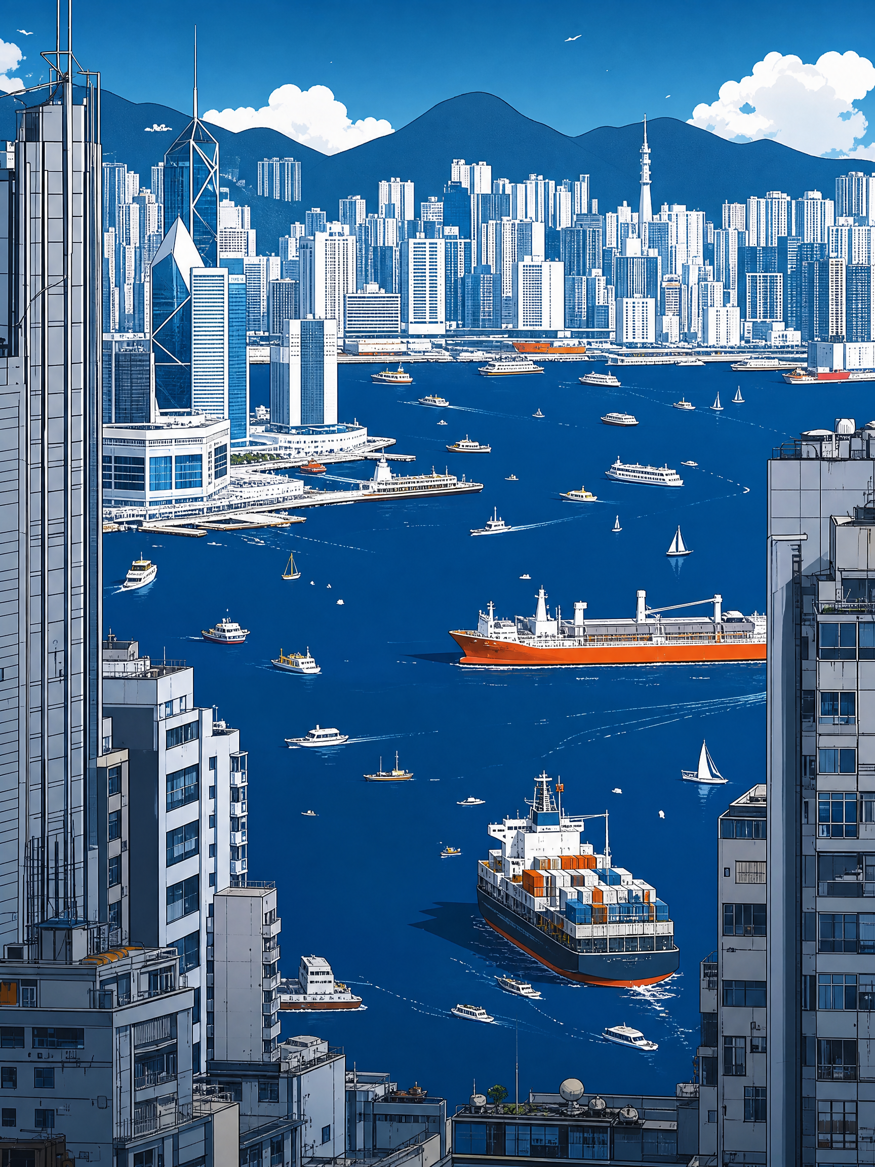 参考图中的香港维多利亚港城市海港插画风格，重新生成画面内容，保… - 图片创意预览