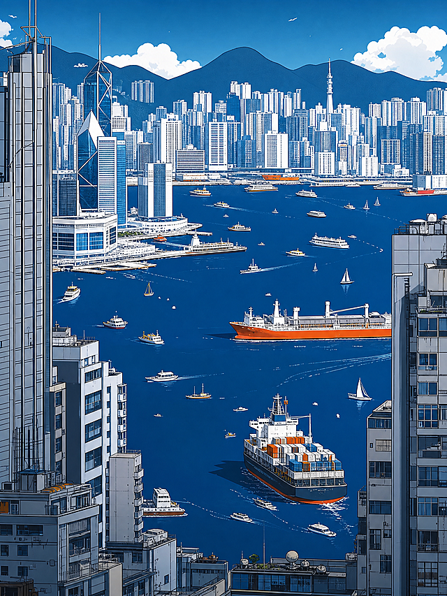 参考图中的香港维多利亚港城市海港插画风格，重新生成画面内容，保留扁平插画风格、蓝色调海港城市氛围、前景建筑框景构图、海面船只与远处城市天际线的层次感，画面中不要出现任何文字、字母、数字或标语