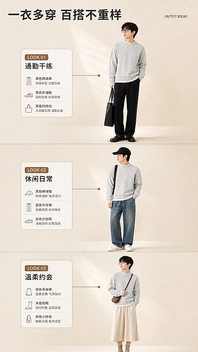[商品] 使用【图1】浅花灰色假两件半高领针织毛衣；商品处理：保留毛衣的颜色、假两件领口、版型、胸前小标等全部特征；自然去皱，增强面料质感，毛衣作为每套穿搭的核心单品保持一致。
[画面] 目标：搭配灵感页，展示一衣多穿的3套日常造型。构图：竖版三栏布局，从上到下3套穿搭造型，每套占画面约1/3。每套造型中毛衣保持同款同色，搭配不同下装和配饰。第1套通勤风：配黑色西装裤+乐福鞋+托特包；第2套休闲风：配牛仔裤+小白鞋+棒球帽；第3套温柔风：配米色半身裙+短靴+小挎包。每套造型旁有搭配标签。背景：浅米色渐变，每套之间用细线条分隔，整体像穿搭手册。
[视觉] 套系策略：风格=韩系轻熟通勤高级商业摄影；标题字=现代简约无衬线粗体；正文字=纤细无衬线体；主色=浅花灰+米杏色；背景延展=基于米杏色做深浅渐变、肌理墙面和织物质感层次；强调色=焦糖棕，仅用于小面积图标、引线和标签；标题色=深炭灰；正文色=中暖灰；组件=圆角浅米色信息卡、细棕线引线、小标签；光影=左前侧暖柔光+右侧轮廓光，柔和自然阴影。
[文字] 顶部主标题"一衣多穿 百搭不重样"，右上角小号英文"OUTFIT IDEAS"。3套造型旁分别标注：「LOOK 01 通勤干练」「LOOK 02 休闲日常」「LOOK 03 温柔约会」。文字全部横向排版，简洁不抢画面。
[规格] 图片比例9:16竖版，4K分辨率，淘宝/天猫详情页适配，中文文案。避免变形、错字、文字过小、冷蓝背景、毛衣颜色改变、极限词。
