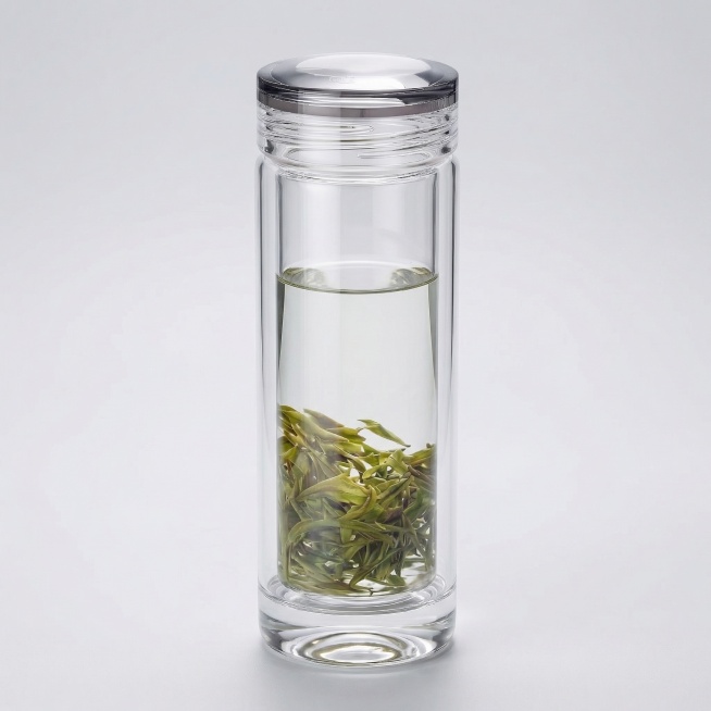 将背景更换为纯净浅灰色（或纯白色），去除所有杂物（茶杯、铜饰、庭院景观），仅保留双层玻璃杯主体；精修玻璃杯：纯净高透明无杂质，杯身通透干净，玻璃质感细腻，光影柔和自然，产品细节清晰，呈现商业摄影级高档预览效果