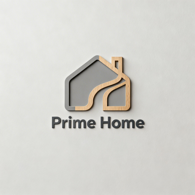 为名为Prime Home的品牌设计Logo，以简约现代风格呈现，融合房屋轮廓与几何线条，体现专业、可靠、温馨的品牌调性，色彩采用低饱和度的暖灰色与浅木色搭配，整体造型简洁大气，具有高识别度和记忆点预览效果