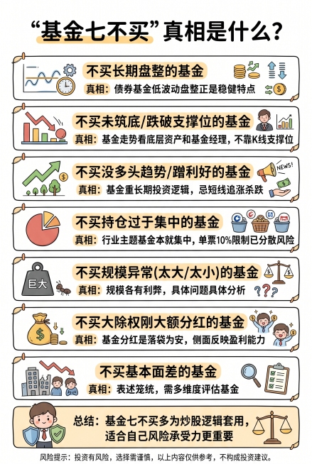 手绘卡通风格竖版信息图，主题标题："基金七不买"真相是什么？，内容包含：
1. 不买长期盘整的基金，真相：债券基金低波动盘整正是稳健特点
2. 不买未筑底/跌破支撑位的基金，真相：基金走势看底层资产和预览效果