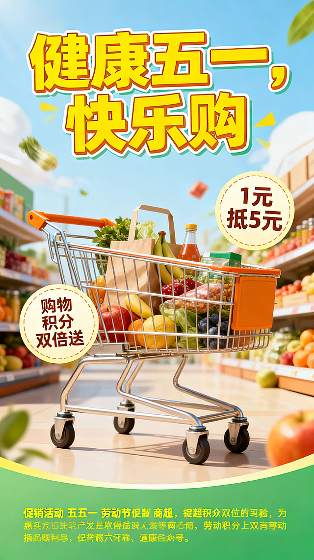 五一劳动节商超促销海报，主题《健康五一，快乐“购”》，黄色活泼配色，突出“1元抵5元”“购物积分双倍送”优惠信息，融入购物车和折扣标签元素，竖向海报