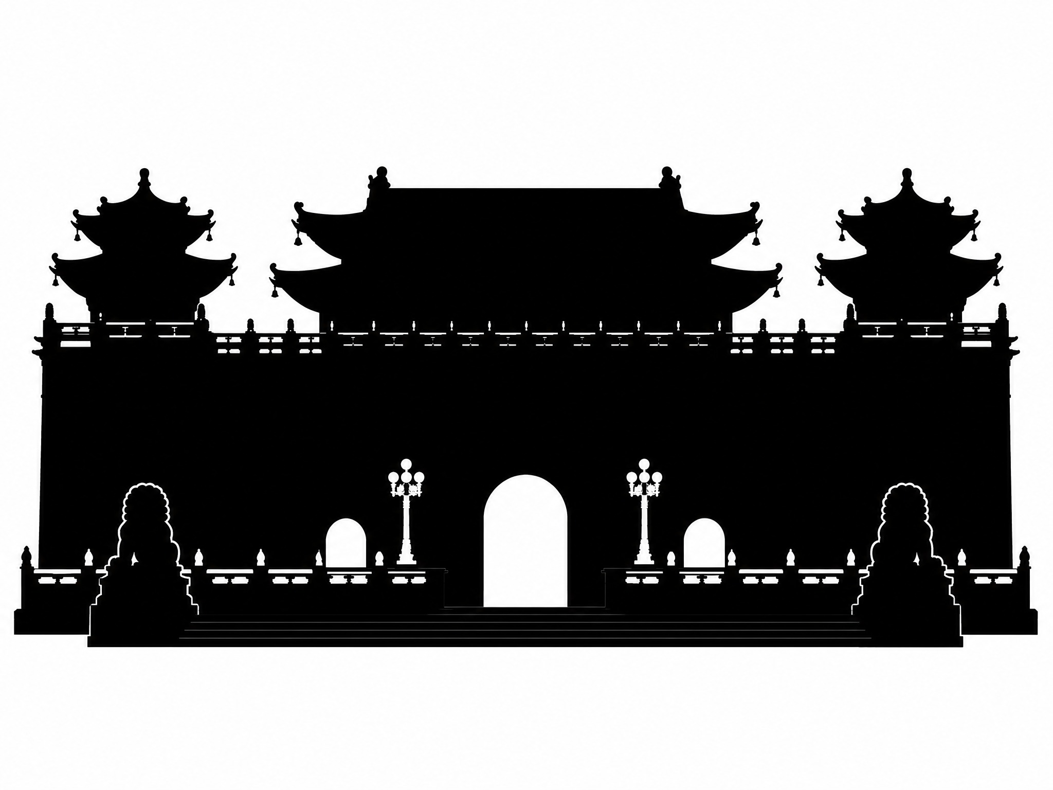 将参考图中的中式古典城楼建筑转换为纯黑色剪影风格，建筑整体为实… - 图片创意预览