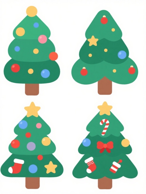 4棵不同装饰、不同配色、不同外观的圣诞树，采用扁平风格插画设计，每棵树都有圆润的绿色树冠和棕色树干，装饰包括彩色球形 ornaments、星星、拐杖糖、红色蝴蝶结、圣诞袜等不同元素，配色方案各异，排列整齐于纯白色背景上，整体风格可爱明快，线条简洁流畅，无阴影效果，充满节日氛围。预览效果