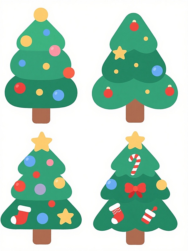 4棵不同装饰、不同配色、不同外观的圣诞树，采用扁平风格插画设计，每棵树都有圆润的绿色树冠和棕色树干，装饰包括彩色球形 ornaments、星星、拐杖糖、红色蝴蝶结、圣诞袜等不同元素，配色方案各异，排列整齐于纯白色背景上，整体风格可爱明快，线条简洁流畅，无阴影效果，充满节日氛围。