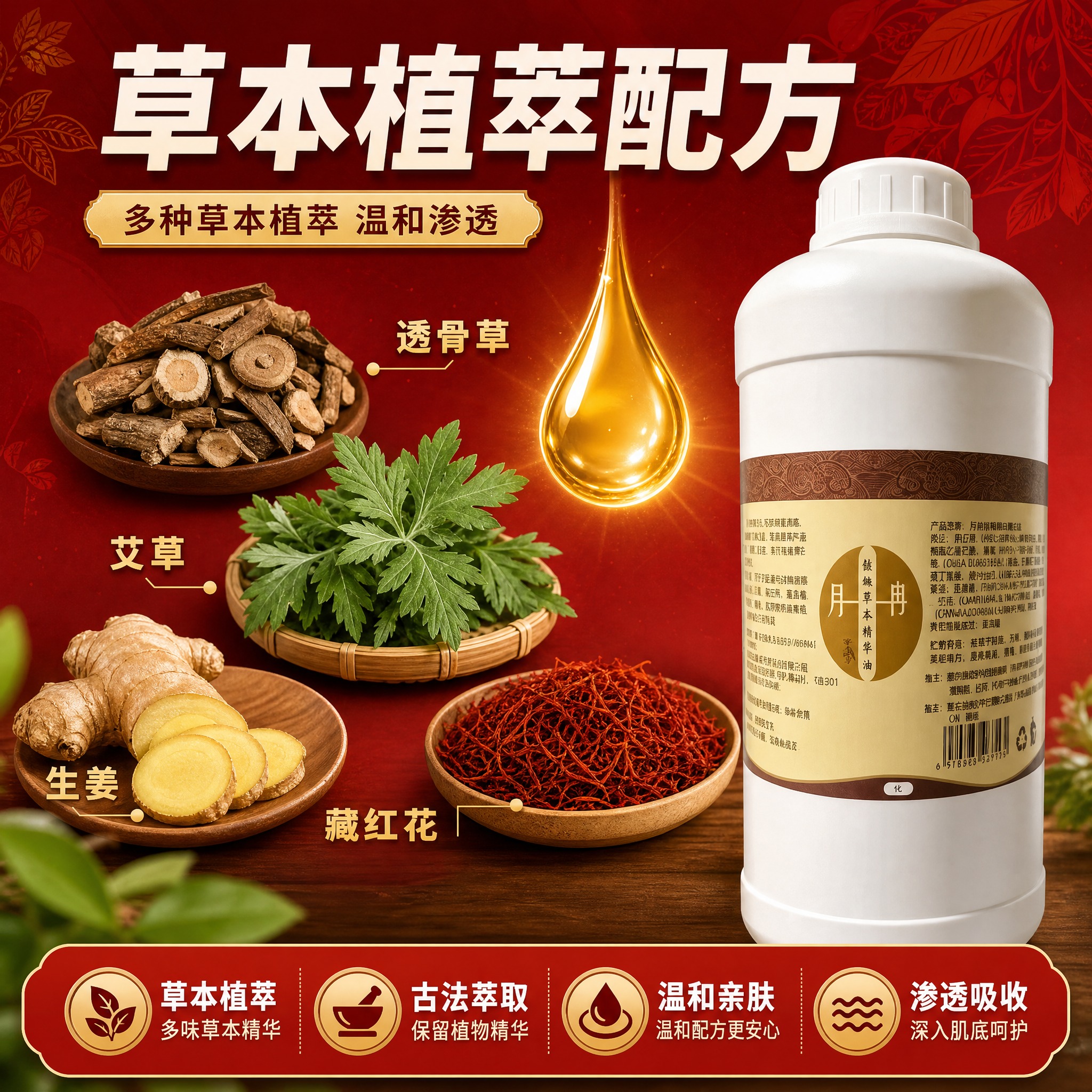 [主图-2] 核心成分解析图，展示丹丹强傦草本精华油的草本植萃… - 图片创意预览