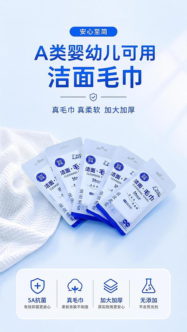 [第1屏] 详情页头图-安心至简洁面毛巾产品宣传。本屏使用【图1】作为商品主体。
[氛围/风格] 简约清新蓝白风，干净通透，商业摄影质感，温馨日常氛围感。
[元素布局] 五包洁面毛巾斜向排列在画面中央，占比约70%；背景为柔和渐变浅蓝，上下留白添加文字区域，产品包装结构、颜色、文字信息与输入产品图保持一致。画面左侧点缀半开毛巾露出纹理，增加层次感。
[光影质感] 正面柔光灯箱照明，产品下方保留柔和投影，整体明亮干净，产品轮廓清晰。
[配色色系] 全局底色 #F5F8FF；主色纯净蓝；辅助色白色，干净简约。
[视角构图] 正面平视视角，产品为绝对视觉中心，阅读动线从上到下自然流畅。
[文字版式] 顶部主标题「A类婴幼儿可用 洁面毛巾」，副标题「真毛巾 真柔软 加大加厚」，居中对齐，字体清晰醒目；底部添加抗菌属性信息条，不遮挡产品主体。文字使用无版权字体，清晰可读，无极限广告词。
[比例分辨率] 9:16 竖版比例，4K 分辨率，文字清晰可辨。
[负向提示词] 产品变形，缺件错件，颜色偏差，包装文字错乱，水印，文字过小，背景杂乱，极限广告词。