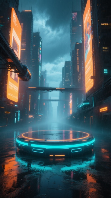 赛博朋克风格，雨夜中的未来都市峡谷，中央为圆形悬浮平台，平台边缘有蓝色与青色渐变的霓虹灯环，地面湿滑倒映着灯光，两侧高耸的建筑布满动态全息广告屏，以橙黄与湖蓝为主色调，天空云层厚重透着靛青色微光，建筑间可见空中磁悬浮车道穿梭，整体光影对比强烈，氛围迷离而充满科技感，具有电影级画质和超写实细节。预览效果