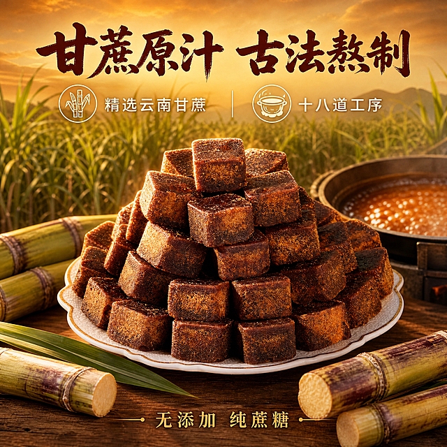 [主图-2] 云南古法黑糖块原料溯源图，核心任务是展示甘蔗原汁原料与古法工艺，建立品质信任。
[统一基调] 中式暖调自然食材风格，背景主色为暖棕渐变搭配浅木色，标题字色为深棕红，辅助字色为米白色，强调色为暖金色，字体为粗笔刷书法字配细黑体辅助，整体温润有质感。
[画面] 画面主体为黑糖块特写，黑糖块堆叠成小山状，深棕褐色表面带有明显的甘蔗红糖砂颗粒，与输入图外观一致。背景融入云南甘蔗田场景元素：远处是成片的翠绿甘蔗林剪影，天空呈暖金色黄昏色调。画面中下部摆放几节新鲜带皮甘蔗，甘蔗节清晰可见，旁边有古法熬糖锅的局部剪影，锅中是浓稠冒泡的深褐色糖浆。整体呈现从甘蔗到黑糖的原料溯源感。产品主体占画面约55%。
[光影质感] 黄昏暖金色逆光质感，光线从后方甘蔗林方向照射，黑糖边缘形成金色轮廓光，表面糖砂颗粒闪闪发光，体现原料天然与工艺传统。
[配色] 背景暖金到暖棕渐变，甘蔗翠绿，黑糖深褐，整体温暖有田园感。
[文字版式] 画面上方居中放置主标题"甘蔗原汁 古法熬制"，粗笔刷书法字，深棕红色。标题下方左右两侧各有一个信息点：左侧"精选云南甘蔗"配甘蔗小图标，右侧"十八道工序"配锅具小图标，均为细黑体米白色。底部有一行小字"无添加 纯蔗糖"，暖金色。文字均放在负空间，不遮挡黑糖主体。
[输出要求] 1:1正方形，2048px，文字清晰可读，产品清晰锐利，整体商业食品摄影质感。禁止变形、错字、模糊、杂乱、水印、平台Logo、禁止绝对化用语。