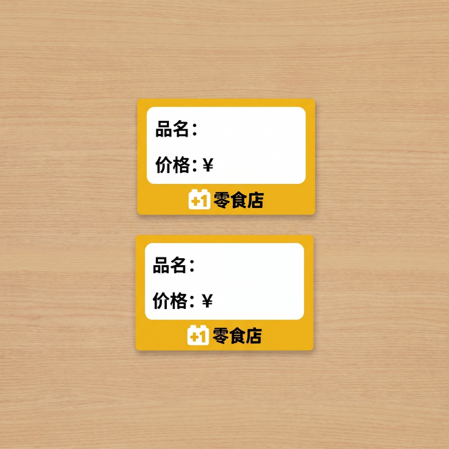 提取图中的两个价签模板，生成单独的2K高清大图，保留原设计：黄色底带有白色内容区域，印有“品名: 价格:¥”和品牌logo，保持设计内容、色彩和风格不变，纯色背景展示预览效果