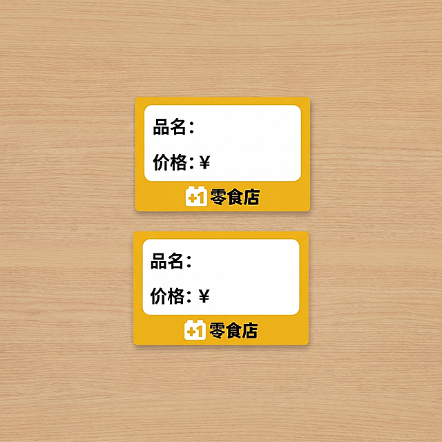 提取图中的两个价签模板，生成单独的2K高清大图，保留原设计：黄色底带有白色内容区域，印有“品名: 价格:¥”和品牌logo，保持设计内容、色彩和风格不变，纯色背景展示