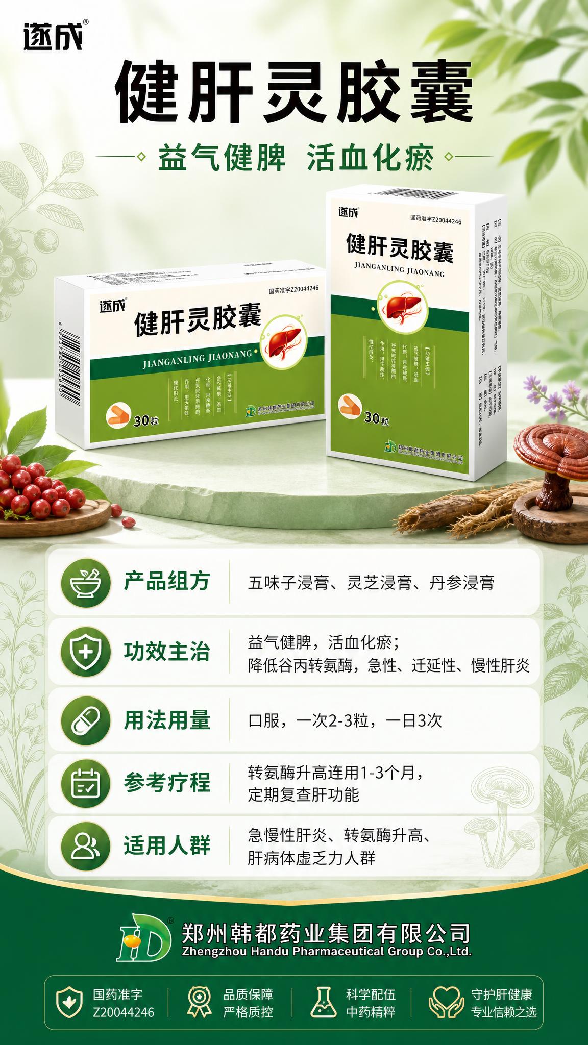 一张健肝灵胶囊药品宣传海报，竖版9:16比例，专业医药风格，绿… - 图片创意预览