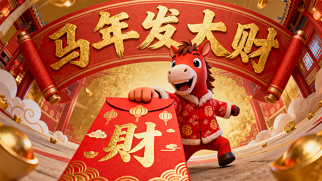 3D卡通马拟人形象，身着国潮红衣，手持“财”字红包，背景鎏金拱门书“马年发大财”，喜庆浓郁，充满春节氛围。