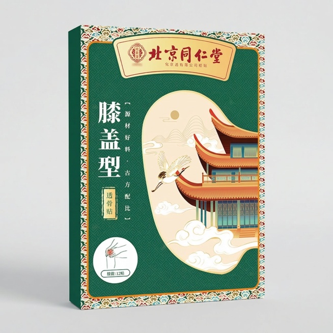 北京同仁堂膝盖型透骨贴产品包装盒放置在画面中心，生成一张电商sku预览图，整体是简约干净的纯色浅灰色背景，产品光线均匀清晰，电商主图风格，800x800像素预览效果