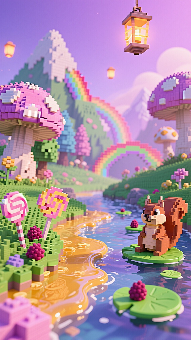 背景是蘑菇森林山脉，前景是流淌蜂蜜的彩虹小溪，小精灵坐在荷叶上，溪边有浆果和棒棒糖和小松鼠，灯笼漂浮在空中，粉紫色调搭配糖霜质感，梦幻甜系