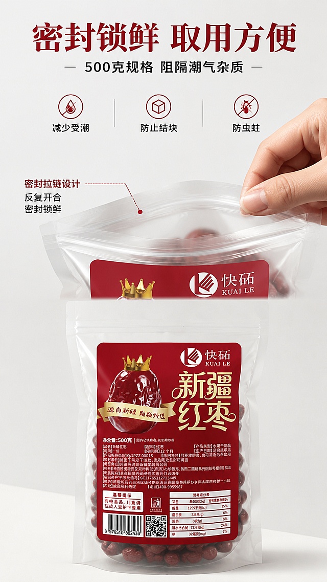 使用商品详情页技能根据商品图「图片1」生成详情页，参考图为，商品名称为快砳新疆红枣 ，卖点为原产地优势：产自新疆喀什麦盖提核心红枣产区，依托充足日照、显著昼夜温差，自然生长环境优越，利于果实风味物质。  品种表现：选用当地适配性良好的红枣品种，果形均匀规整、色泽自然红润，果核细小、果肉厚实饱满，可食比例高，食用体验更佳。  物理洁净工艺：采用树上自然挂干，不催熟，辅以多级物理清洗与低温控湿处理，洁净度高，开袋即可直接食用。  食用适配场景多：果肉紧实细腻、清甜不腻、枣香自然，干吃软糯适口，泡水出香快，煲汤煮粥不易散烂，满足日常零食、茶饮、膳食搭配等多种需求。  锁鲜储存设计：500 克密封包装结构，有效阻隔潮气与杂质，减少受潮、结块、虫蛀风险，居家囤放与日常取用均方便省心。  稳定品控体系：由产地专业合作社全程管控，从种植、采摘到筛选、封装执行标准化流程，人工分级剔除残次果，批次品质稳定可靠。  源头直供保障：产地直采直发，减少中间流通环节，原料来源清晰可溯。，适配平台为淘宝/天猫，图片比例为9:16，需求屏数为8张，高级 精致