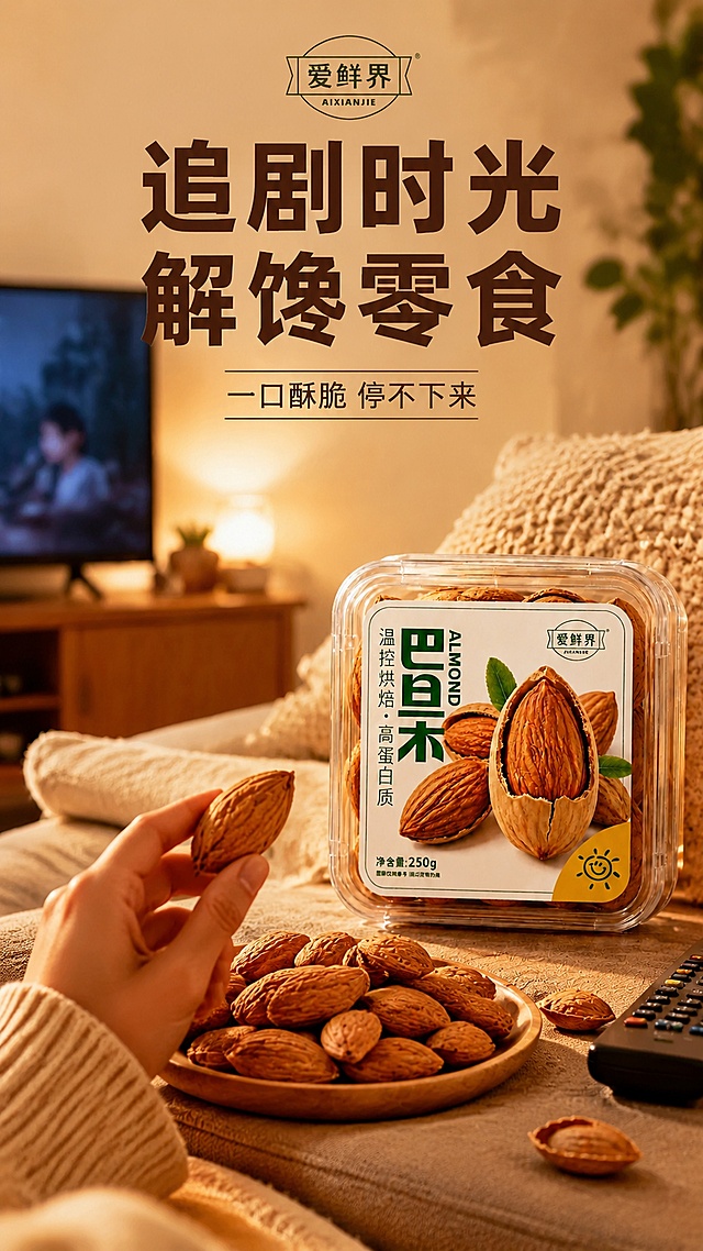 [第12屏] 追剧休闲食用场景展示，本屏使用【图1】产品参考。
[氛围/风格] 慵懒休闲居家氛围，暖调松弛感，温馨实景摄影，提升食欲。
[元素布局] 客厅沙发场景，抱枕旁放着打开的巴旦木盒装，手从画面下方拿出一颗巴旦木，电视屏幕露出微光，产品放在沙发扶手位置，占比约45%，营造放松追剧的休闲感。
[光影质感] 室内暖调偏暗氛围，重点打亮产品区域，光线柔和慵懒，背景虚化突出产品。
[配色色系] 整体暖棕色调，全局底色 #F5EFE3，深棕文字，少量背景绿植点缀绿色占比不超过10%。
[视角构图] 平视场景拍摄，产品为视觉中心，场景层次清晰，前景手部动作增加互动感。
[文字版式] 顶部主标题「追剧时光 解馋零食」，副标题「一口酥脆 停不下来」，字体保持温润粗黑体深棕色，文字清晰不遮挡主体。
[比例分辨率] 9:16 竖版比例，4K分辨率，文字清晰可辨，高清画质。
[负向提示词] 绿色占比过高，产品模糊，光线过暗，文字遮挡产品，构图混乱