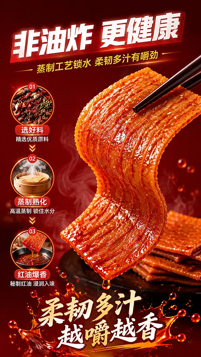[第3屏] 工艺卖点屏-非油炸工艺与柔韧多汁口感解析。本屏使用【图1】麻辣片作为产品主体展示柔韧质地。
[氛围/风格] 科技感+食欲感结合，工艺示意清晰，画面有张力。
[元素布局] 画面中央偏右为一片被轻轻弯折的麻辣片，展示柔韧不断裂的质地，表面红油欲滴；左侧为非油炸工艺示意图：3个步骤图标纵向排列（精选原料 → 高温蒸制 → 红油浸润）；背景深红渐变，带蒸汽/油滴粒子效果；产品占比约50%，保持片状压纹、红油色泽与输入图一致。
[光影质感] 右侧产品区域主光打亮弯折处，突出柔韧弧度与油亮质感；左侧工艺区光线柔和，整体光影层次丰富。
[配色色系] 全局底色 #7B0000 深红渐变；主色辣椒红 #E53935；辅助色橙黄 #FF9800、白色、浅灰。
[视角构图] 产品45°侧视微俯视，阅读动线左侧3步工艺 → 右侧柔韧产品 → 底部多汁卖点。
[文字版式] 顶部主标题「非油炸 更健康」，粗黑体白色带红底衬；副标题「蒸制工艺锁水 柔韧多汁有嚼劲」，橙黄色小字；左侧3个圆形步骤图标，分别标注「选好料」「蒸制熟化」「红油爆香」；底部大字强调「柔韧多汁 越嚼越香」，配红油滴溅装饰；文字不遮挡产品弯折主体。
[比例分辨率] 9:16 竖版比例，4K分辨率，文字清晰可辨，高清画质。
[负向提示词] 产品变形，缺件错件，颜色偏差，水印，文字错乱，文字过小，产品图模糊，背景杂乱。
