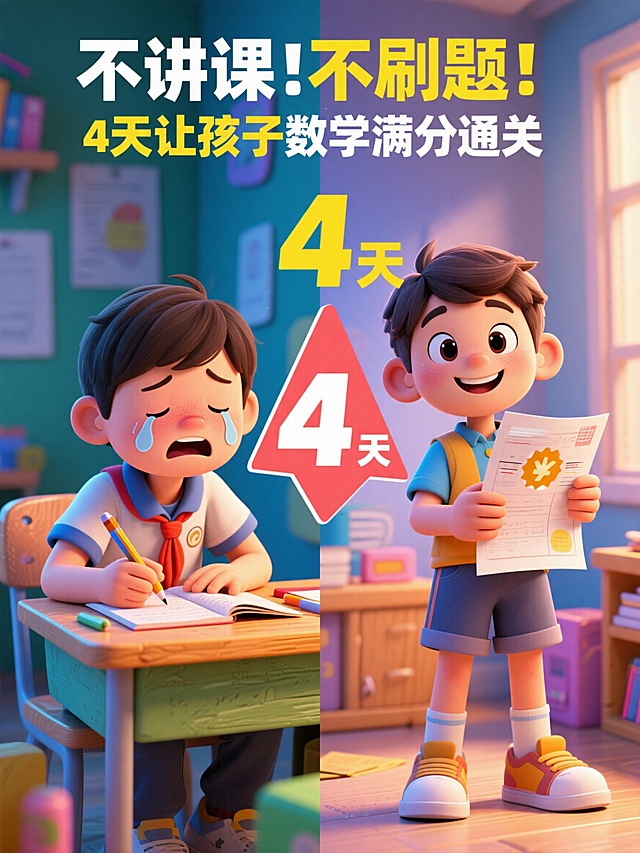 一张对比图，左边是孩子刷题到哭，右边是孩子拿着自信满分卷，中间是一个箭头写着"4天"，顶部标题为"不讲课！不刷题！4天让孩子数学满分通关"