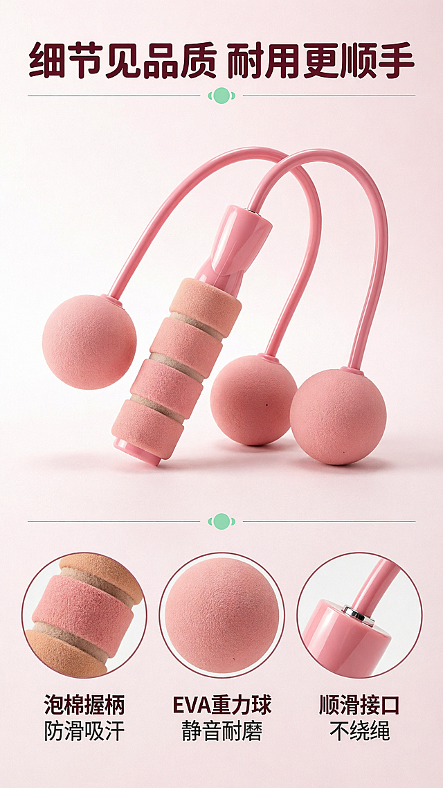 [商品] 使用【图1】蜜桃粉无绳跳绳；保留双重力球、软绳连接、塑料手柄主体、四段泡棉握把（深浅粉双色）的完整结构、比例和材质；重力球磨砂质感、泡棉纹理、塑料件光泽均清晰保留。
[画面] 页面目标：产品细节展示，突出做工与材质品质。构图：上下分栏，上半区产品斜向摆放展示全貌占40%，下半区横向排列3个圆形细节放大图分别展示握柄纹理、重力球质感、手柄连接处；背景为浅粉色渐变，干净高级。景别：产品全景+圆形微距细节拼贴。阅读动线：从上到下。
[视觉] 套系策略：风格=清新活力马卡龙运动风商业摄影；标题字=圆润粗黑体；正文字=简洁无衬线体；主色=蜜桃粉；背景延展=浅粉渐变背景+细腻磨砂质感；强调色=薄荷绿，仅用于小圆点装饰；标题色=深玫粉；正文色=深灰粉；组件=圆形细节框、细线分割、圆角标签；光影=左前侧柔光，产品质感突出。
[文字] 顶部主标题"细节见品质 耐用更顺手"，下方3个圆形细节图各配标签："泡棉握柄 防滑吸汗"、"EVA重力球 静音耐磨"、"顺滑接口 不绕绳"；文字均为横排，清晰易读。
[规格] 图片比例9:16竖版，4K分辨率，避免变形、错字、文字过小、产品结构错乱、颜色改变、绝对化用语。