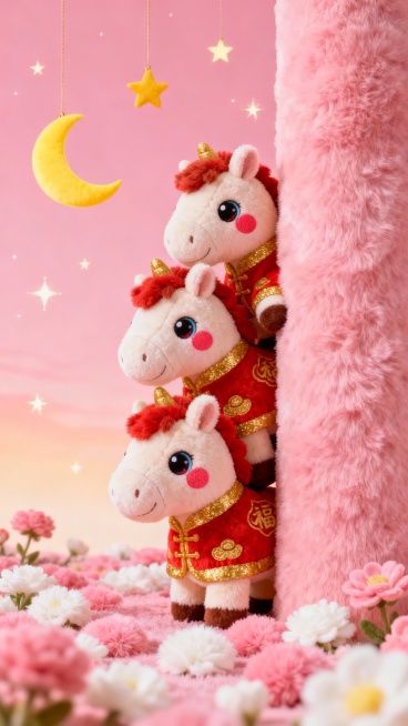 三个穿着红色和金色毛绒服饰的发财小马玩偶，堆叠在一起，从粉色毛绒柱子后探出头来，脸颊有可爱红晕，眼睛圆润明亮，周围是粉色渐变天空，挂着黄色弯月和闪烁星星，地面铺满粉色、白色毛绒花朵，整体保持温暖治愈的毛绒材质质感，营造出喜庆吉祥的发财主题氛围。预览效果