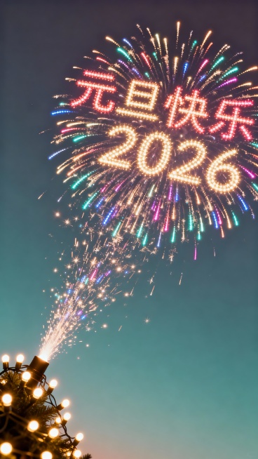 主体：左下角一个微缩的LED灯珠，发出光亮，光亮照耀自上而下落下密集的各色的元旦快乐、2026几个字，成烟火状，几乎铺满整个画面。
装饰元素：其余部分留白
色调：圣诞色调
背景：渐变色，符合节日氛围预览效果