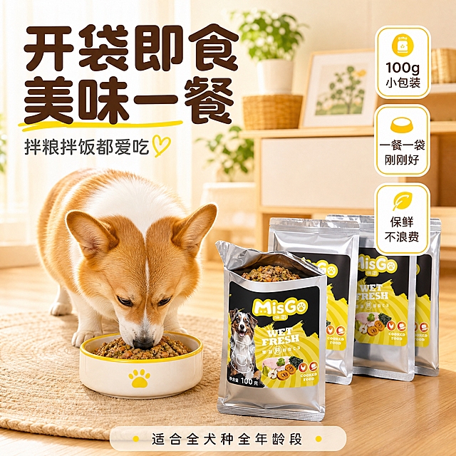 [主图-4] 喂食场景与适用犬只，展示日常使用场景和产品便利性。
[统一基调] 淘宝天猫专业品质风格，明亮暖黄主背景，搭配白色圆角卡片、深棕标题字、明黄强调色、绿色健康辅助色，圆润可爱无衬线字体，整体干净通透有食欲。
[画面] 画面为温馨居家场景，浅木色地板或地垫上，一只可爱的中小型犬（如柯基或泰迪）正低头开心地吃着碗里的湿粮，狗狗状态愉悦。食盆旁边放着一袋拆开的MisGo咪阁湿粮包装，包装开口自然，展示使用状态。旁边还放着1-2袋未开封的同款产品，暗示囤货装。背景为明亮的室内环境，浅色调，有阳光感，营造温馨家庭氛围。产品包装和狗狗都清晰可见，产品不被完全遮挡。
[光影质感] 自然光感，柔和窗边光线，整体明亮温暖，狗狗毛发柔顺有光泽，食物和包装质感真实，阴影自然，生活感强。
[配色] 主场景暖色调，木色地板，浅色背景墙，产品包装保持原有银黑黄配色，狗狗毛色自然，标题深棕色，强调色明黄色，整体温暖治愈。
[文字版式] 左上角大标题："开袋即食 美味一餐"，深棕色圆润粗体。标题下方小字："拌粮拌饭都爱吃"，深灰色。右侧三个圆角竖排标签："100g小包装""一餐一袋刚刚好""保鲜不浪费"，白底深棕字或黄底白字。底部一条细横条文字："适合全犬种全年龄段"，深灰色。文字放在负空间，不遮挡狗狗和产品。
[输出要求] 1:1正方形，场景自然真实，狗狗状态可爱，产品清晰，文字清晰可读，无水印无平台logo，无多余杂物。