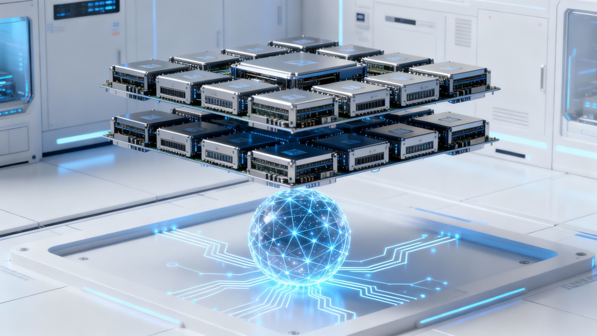 Advanced blockchain data hub, layered hardware modules hovering in alignment, luminous network spher预览效果