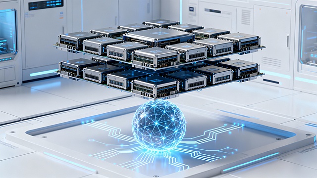 Advanced blockchain data hub, layered hardware modules hovering in alignment, luminous network sphere at the base, connected data lines, minimalist white and blue fintech lab, high realism, no text, 16:9
