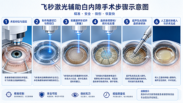 医学科普插画，飞秒激光辅助白内障手术步骤示意图，横向16:9构图，画面分为六个连续步骤面板，从左到右依次展示：1.术前患者眼部固定与飞秒激光机对位，患者眼球被负压吸引环固定，2.飞秒激光制作角膜切口与侧切口，激光光束精准作用于角膜，3.飞秒激光进行前囊膜环形切开（撕囊），形成完美圆形前囊口，4.飞秒激光对晶状体核进行预劈核/碎片化处理，将混浊晶状体切割成多块，5.超声乳化探头吸除已预劈的晶状体碎块，6.人工晶状体植入囊袋内展开与手术完成。每个步骤配有简洁中文标题，整体采用专业医学插画风格，飞秒激光部分用蓝色光束特效突出显示，色彩以蓝色、白色、浅灰色为主，画面清晰干净，细节准确，适合医学教学与科普使用，2K高清分辨率