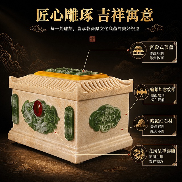 [主图-2] 核心亮点：吉祥寓意与雕刻工艺解读，用引线标注展示龙凤纹样、蝙蝠雕刻等核心亮点。
[统一基调] 中式庄重典雅商业摄影风格；背景主色=深棕黑渐变+中式山水暗纹；标题字色=暖金色；辅助字色=浅米白；强调色=朱砂红；字体样式=宋体粗体（传统书法感）；组件样式=中式回纹边框、祥云图标、引线标注；光影=正面暖柔光+顶部轮廓光。
[画面] 中心主体+侧边亮点标注版式。产品45度侧面展示于画面中心偏左，占画面60%，使用侧面图展示侧面如意形蝙蝠雕刻和正面龙凤纹样局部，保留晚霞红石材主体、绿色玉雕、宫殿式顶盖瓦楞纹理、整体结构比例。画面右侧和上方用细引线从产品各部位引出，指向对应的亮点说明卡片。背景为深棕色渐变，点缀淡墨祥云纹样。
[光影质感] 商业摄影质感，侧逆光+正面补光，强化石材纹理和雕刻立体感，玉雕部分呈现温润通透质感，每个雕刻细节清晰可见，底部有柔和接触阴影。
[配色] 主色暖米金+深墨绿，背景深棕渐变，强调色朱砂红用于引线端点和标签点缀，信息卡片用半透明深棕底+浅米白文字。
[文字版式] 顶部居中主标题"匠心雕琢 吉祥寓意"（暖金色大号宋体粗体）。4个引线标注点：1.龙凤呈祥浮雕-正面主雕 吉祥如意（从正面龙凤纹样引出）；2.蝙蝠如意纹样-侧面雕刻 福在眼前（从侧面蝙蝠纹引出）；3.宫殿式顶盖-传统形制 尊贵体面（从顶盖引出）；4.晚霞红石材-天然石料 经久不腐（从石材壁面引出）。每个标注点配一个小图标和两行文字说明，文字横排，不遮挡产品核心雕刻部位。
[输出要求] 1:1方图，2K分辨率，文字清晰可读，雕刻细节清晰。负向：产品变形、比例失调、错字、文字模糊、冷蓝背景、材质失真、引线杂乱、悬浮感、水印、平台Logo。
