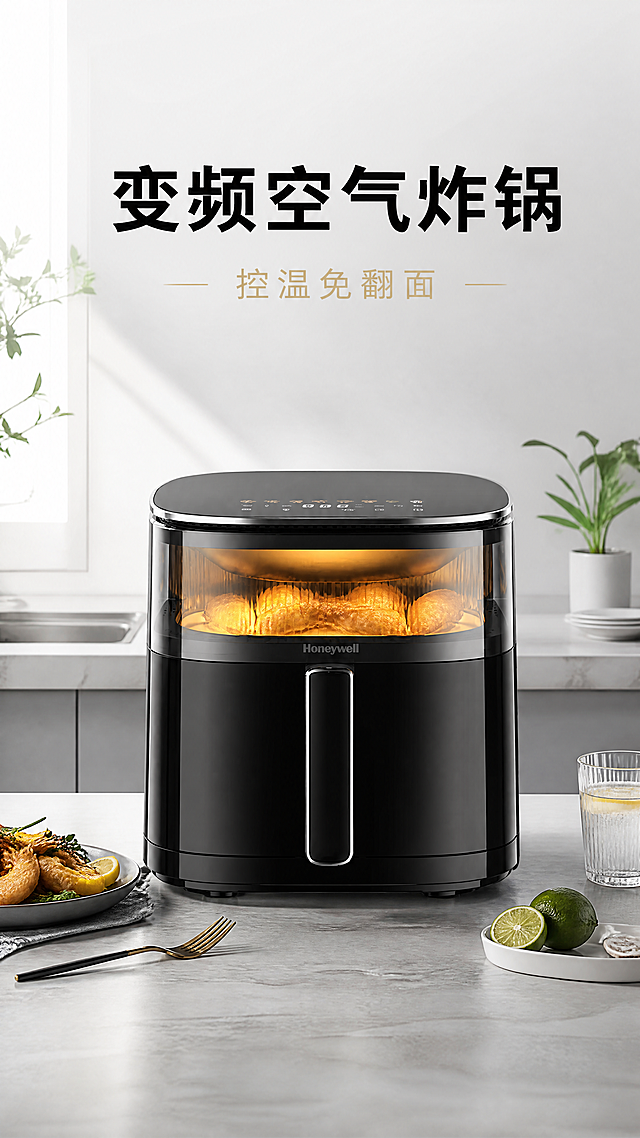 画面中心是霍尼韦尔黑色空气炸锅，锅内正烤着金黄鸡翅，暖光从视窗透出；背景为浅灰渐变厨房台面，搭配极简白墙与绿植点缀，整体居中对称构图。主文案“变频空气炸锅”居中放大，粗黑无衬线字体；副文案“控温免翻面”在主文案下方，纤细浅金色字体，上下居中对齐。8K超高清，产品亮面机身反光自然，食材色泽金黄诱人，光影柔和，无噪点，质感细腻。