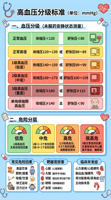 动画风格科普图文，标题为“高血压分级标准（单位：mmHg）”，内容包含：一、血压分级（未服药安静状态测量）：正常血压（收缩压＜120 且 舒张压＜80），正常高值（收缩压120～139 或 舒张压80预览效果