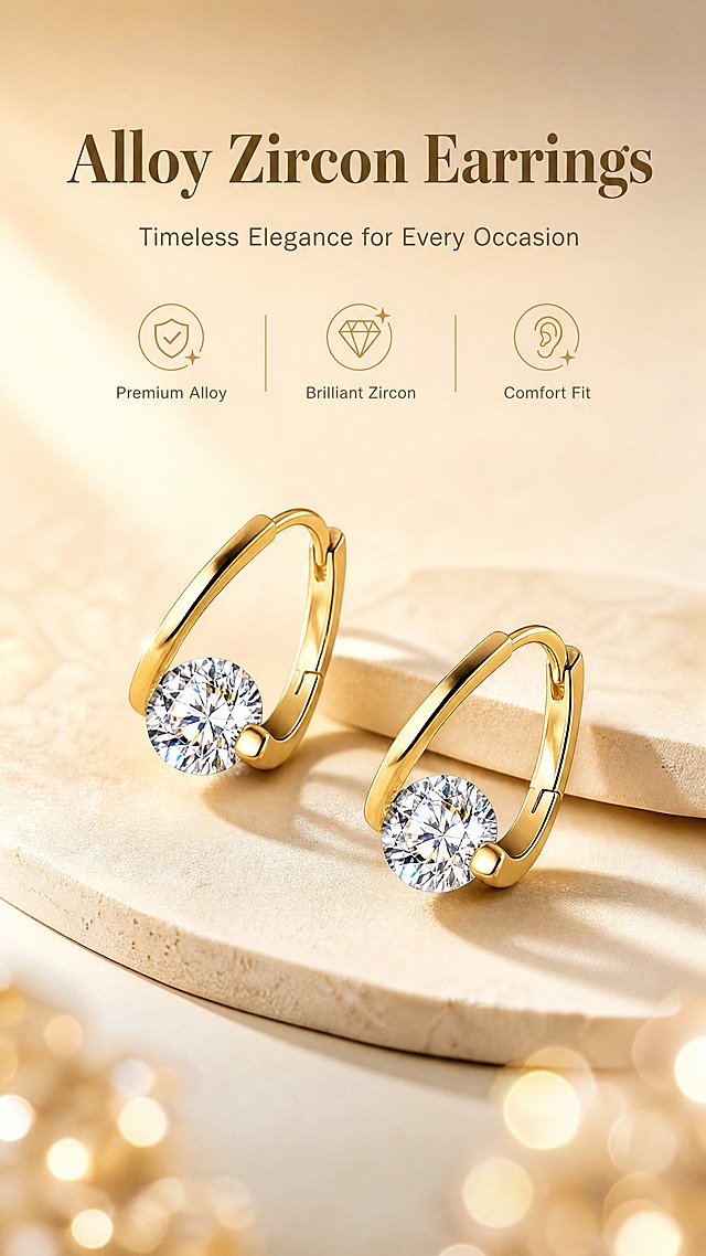 [商品] 使用【图1】合金锆石耳坠；保留金色耳扣式结构、单颗圆形锆石镶嵌、金属光泽、整体比例和造型；增强金属抛光质感与锆石切面火彩，不改变产品结构和颜色。
[画面] 目标为氛围头图，突出产品全貌与轻奢质感，竖版构图，产品位于画面中下部，占画面约55%，一对耳坠呈错落摆放，前中后景层次分明，前景为柔和光斑，中景为耳坠主体，背景为低饱和暖米色渐变。
[视觉] 套系策略：风格=跨境极简高级商业珠宝摄影；标题字=现代衬线粗体；正文字=简洁无衬线体；主色=暖金色+米杏色；背景延展=基于暖金与米杏做深浅层级、同色渐变和细腻哑光质感；强调色=香槟金，仅用于小面积图标、引线和高光点缀；标题色=深炭金；正文色=中暖灰；组件=圆角浅金信息卡、细线引线；光影=左前侧45度暖柔光，金属高光清晰，锆石呈现璀璨火彩。
[文字] 画面上方留白处横向排版，主标题"Alloy Zircon Earrings"，副标题"Timeless Elegance for Every Occasion"，下方3个短卖点：Premium Alloy、Brilliant Zircon、Comfort Fit，文字不遮挡耳坠主体。
[规格] 图片比例9:16竖版，4K，避免变形、错字、文字过小、冷蓝背景、产品颜色改变、结构失真、锆石模糊。
