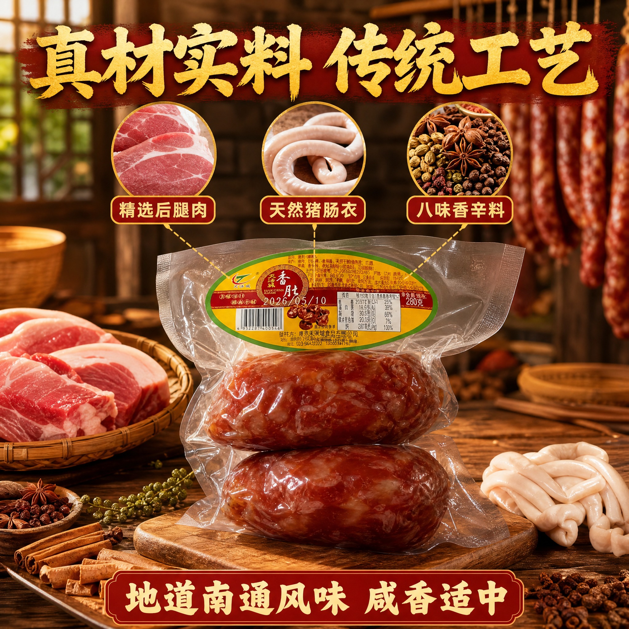 [主图-2] 核心卖点图，主题为真材实料品质溯源，展示香肚腊肠… - 图片创意预览