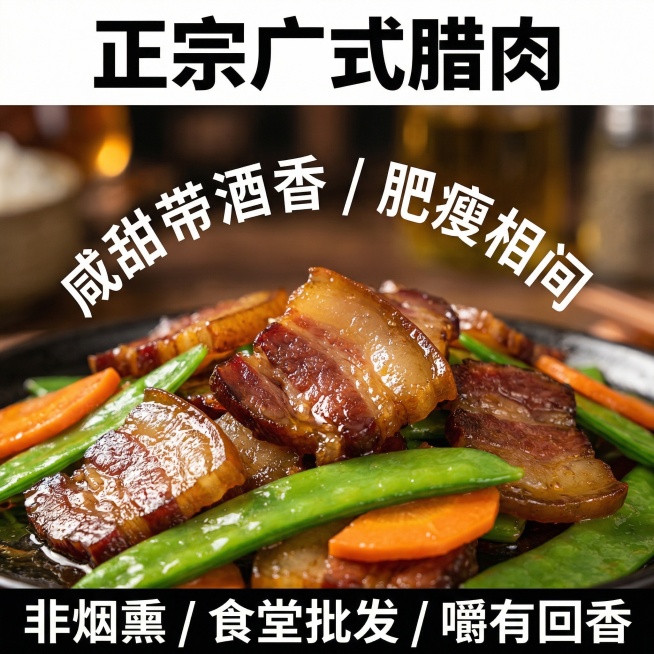 这张图片是产品主体这款产品是广式腊肉 我需要设计20张主图在拼多多上面售卖    主图场景布局可以用厨房 炒腊肉 腊肉细节等设计一个高级有食欲一些主图文案内容 正宗广式腊肉 厂家直销 新鲜现货 咸甜相预览效果