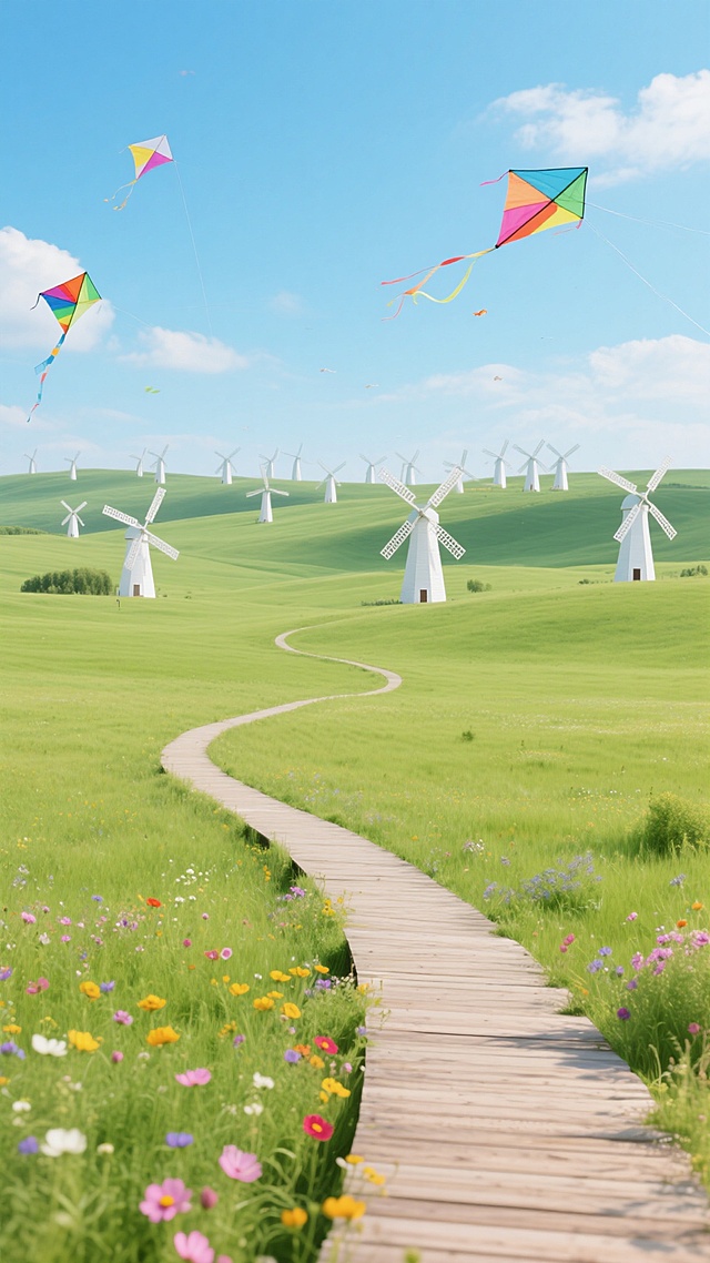 广阔无垠的绿色草原作为背景，近处点缀着五颜六色的野花，一条蜿蜒的木栈道穿过草地延伸向远方，远处是错落有致的白色风车群在微风中缓缓转动，蓝天白云下几只彩色的风筝在空中飘荡，阳光明媚，光影柔和，营造出轻松惬意的田园氛围。